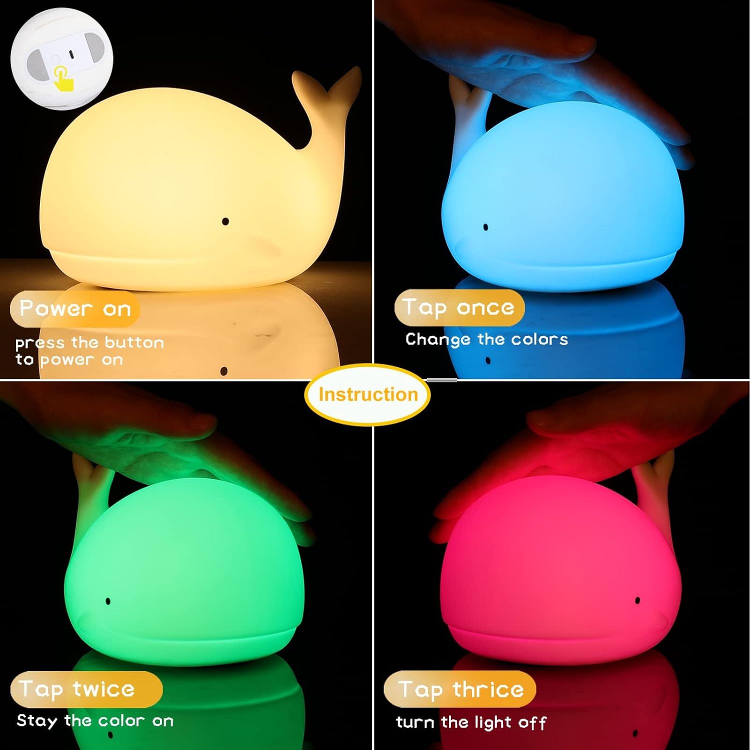 Cute Night Light for Kids - Nightlight for Children Animal Whale Night Lamp Birthday Halloween Christmas Gift with Color Changing USB Rechargeable for Toddler Baby Bedroom (Whale)