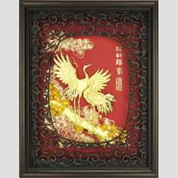 Gold foil painting of pine and crane longevity