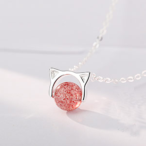 Strawberry crystal cat necklace