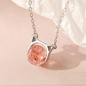 Strawberry crystal cat necklace