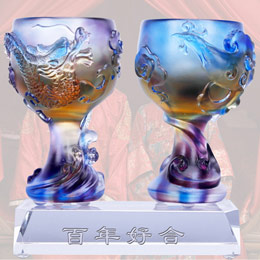 Glass dragon and phoenix cup ornaments