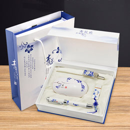 Blue and white porcelain mouse bookmark USB flash drive pen set