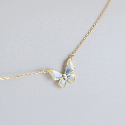 Enamel gradient blue butterfly necklace