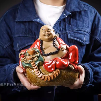 Painted Pottery Maitreya Buddha Figurine