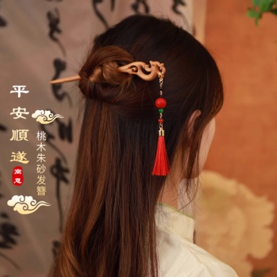 Lotus peach wood tassel hairpin
