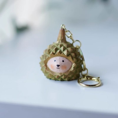 Wood Carved Durian Keychain Pendant